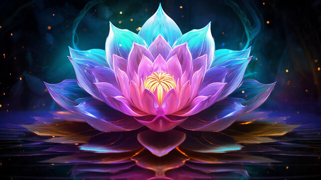 Flor de l&oacute;tus colorida, bioluminescente, m&iacute;stica, opalescente, raios de luz, luzes cintilantes, ilumina&ccedil;&atilde;o realista, brilho do arco-&iacute;ris, psytrance, consci&ecirc;ncia, despertar, esp&iacute;rito, realista e realis
