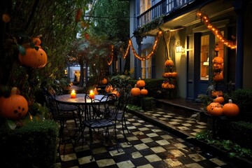 Halloween night concept with illuminated pumpkins, decorated streets, colorful decorations in front of houses on Halloween night.