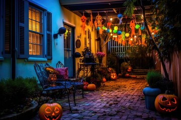 Naklejka premium Halloween night concept with illuminated pumpkins, decorated streets, colorful decorations in front of houses on Halloween night.