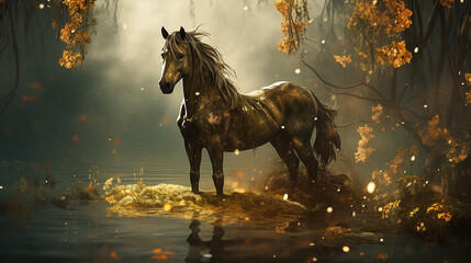 Obraz na płótnie Canvas Cavalo mágico em um pântano assustador