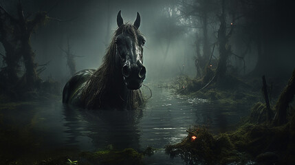 Obraz na płótnie Canvas Cavalo mágico em um pântano assustador