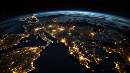 Planet Earth viewed from space with city lights in Europe. Planet Earth background - obrazy, fototapety, plakaty