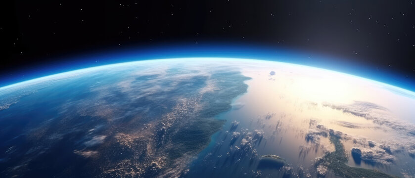 Surface of Earth planet in deep space. Outer dark space wallpaper. View from orbit. Planet Earth background