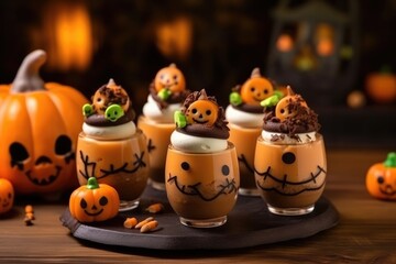 Sweets with bat, pumpkin, spider figure on christmas table isolated on pale background.