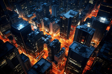 Generative AI, Birds Eye view of town in night with yellow lights. Urban life , aerial view , Transportation and travel concept. drone style 