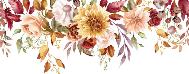 Autumn floral seamless border frame PNG. Fall leaves and flowers garland on a transparent background © Nataliya Kunitsyna