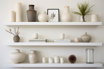 clean white shelves with minimalistic decor items