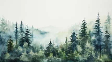 Photo sur Plexiglas Forêt dans le brouillard floresta de pinheiros em aquarela