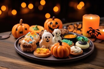 Pie plate with bat, pumpkin, spider figure on christmas table isolated on pale background.