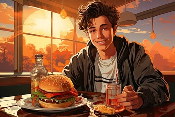 The illustration depicts teenagers having fun and chatting, eating, radiating joy and camaraderie in their social interactions. Generative Ai.