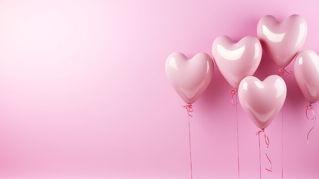 Balões de hélio em forma de coração rosa no fundo rosa, outubro rosa , saúde da mulher 