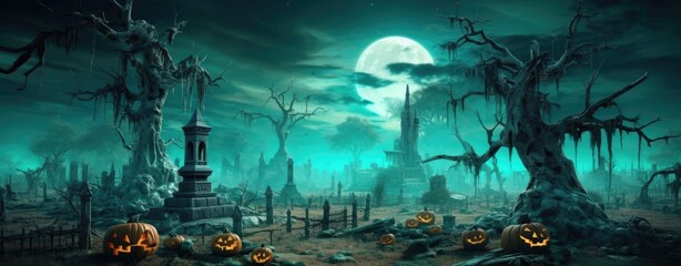 Halloween photo of destroyed tools and forest in a moonlit enchanted forest using colorful animations.