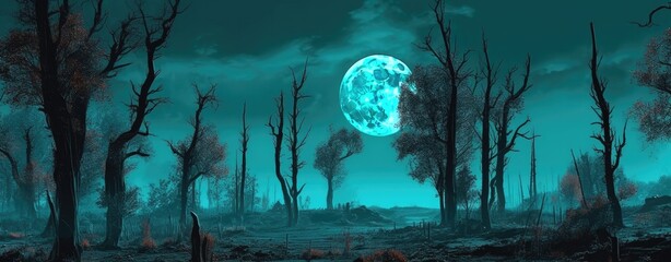 Halloween photo of destroyed tools and forest in a moonlit enchanted forest using colorful animations.