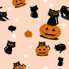 Seamless pattern of cute cat silhouettes. Halloween seamless  pattern for fabric screen with cat pumpkin and star.