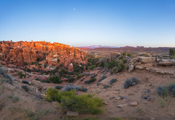 sunset at fiery furnace viewpoint in arches national park, utah, usa