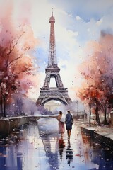 Watercolor couple of lovers holding hands on the background of the Eiffel Tower. Illustration for travel postcard, wedding invitation. Generative AI
