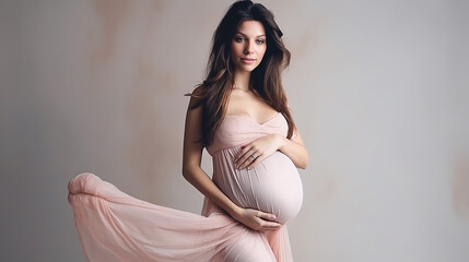 
A mulher gravida no vestido prende as mãos na barriga em um fundo branco. Conceito de gravidez, maternidade, preparação e expectativa. Linda gravidez