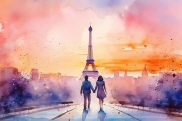 Watercolor couple of lovers holding hands on the background of the Eiffel Tower. Illustration for travel postcard, wedding invitation. Generative AI