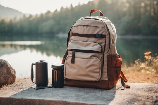 Lightweight brown backpack tourist cup can jar beautiful natural lake forest mountains hills background adventure summer hiking camping travelling trip tourism expedition healthy active leisure time