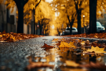 Empty road in city in autumn time. - obrazy, fototapety, plakaty