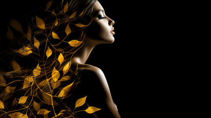 silhueta mulher sexy luxo arte folhas douradas, fundo preto