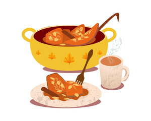Ilustraci√≥n de dulce de calabaza en cacerola y servida junto con bebida caliente. Transparencia. Gastronom√≠a de M√©xico
