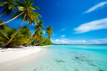 beach with palm trees and blue water, tropical island, beautiful in the world wallpaper, landscape and background. AI generation