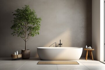 A minimalistic modern bathroom with standalone bathtub and shower, long sink and ficus plant. Interior design concept.