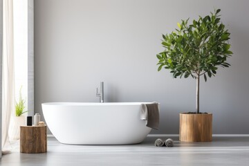 Fototapeta na wymiar A minimalistic modern bathroom with standalone bathtub and shower, long sink and ficus plant. Interior design concept.