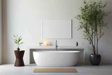 Fototapeta na wymiar A minimalistic modern bathroom with standalone bathtub and shower, long sink and ficus plant. Interior design concept.