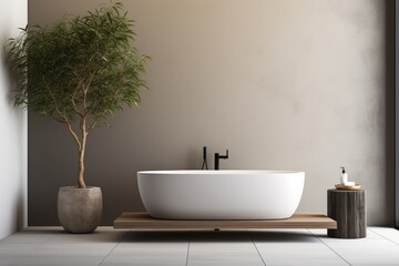Naklejka na ściany i meble A minimalistic modern bathroom with standalone bathtub and shower, long sink and ficus plant. Interior design concept.