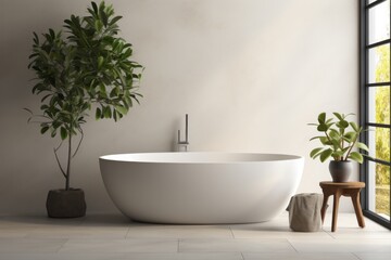 Obraz na płótnie Canvas A minimalistic modern bathroom with standalone bathtub and shower, long sink and ficus plant. Interior design concept.