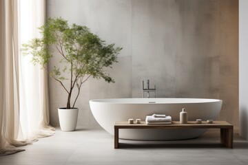Naklejka na ściany i meble A minimalistic modern bathroom with standalone bathtub and shower, long sink and ficus plant. Interior design concept.