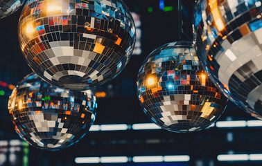 Vintage blue disco balls at the club created with Generative AI technology - obrazy, fototapety, plakaty