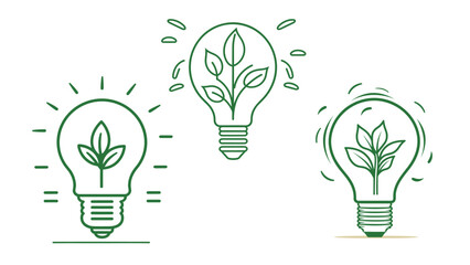 continuous single line drawing of green plant in light bulb, green energy concept line art vector illustration on white backgorund
