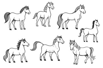Doodle horse set. Hand drawn sketch style. Cute horse for kids, children vector illustration on white backgorund