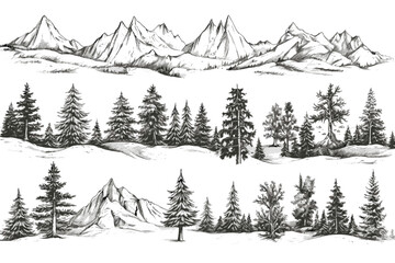 Vector sketch of forest and mountains - obrazy, fototapety, plakaty