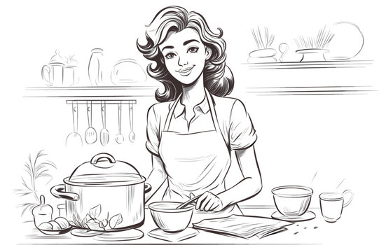 Hand drawn young woman cooking in the kitchen. Cartoon smiling character with apron. Doodle sketch style illustration. Concept of homemade food, prepare dinner on white backgorund
