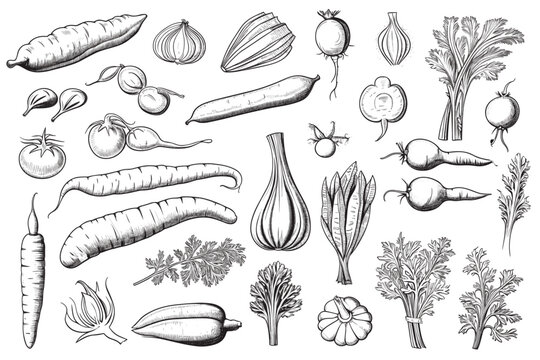 Hand Drawn Set Of Vegetable Elements, Carrot, Salad, Tomato, Onion, Lettuce, Chili. Comic Doodle Sketch Style. Vegetables Element Drawn By Digital Brush-pen. Vector Illustration For Icon