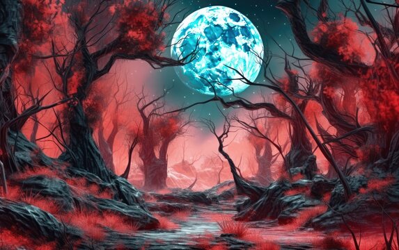 Surreal image of forest in halloween style with red tree and full moon in background.