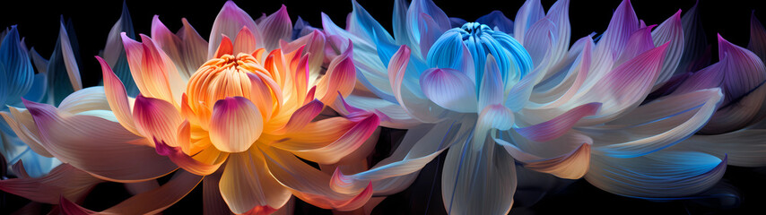 Obraz premium Ultra-Wide Background of Large Illuminated Flowers (Generative AI)
