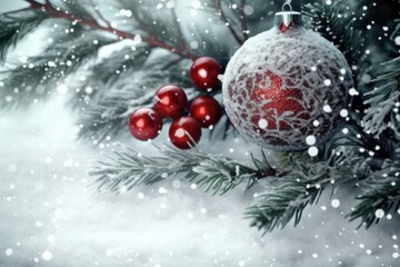 Fototapeta na wymiar Christmas decor concept with clear, red and silver balls on snowy background in forest isolated on background.