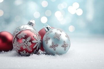 Christmas decor concept with clear, red and silver balls on snowy background in forest isolated on...