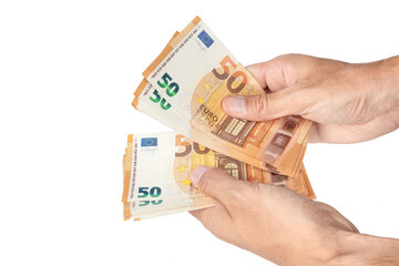 Hands holding euro banknotes isolated on white background, clipping path included