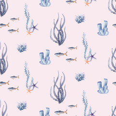 Marine seamless pattern marine animals, corals, plants, seashell, starfish, octopus, seahorse, algae, turtle. Watercolor marine background.