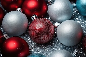 Composition of red, silver and white christmas balls on frosted background.