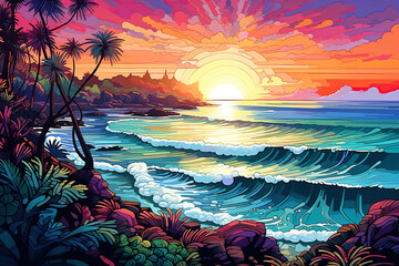 Summer tropical background with sea waves, palms, sky and sea sunset. gorgeous landscape, watercolor