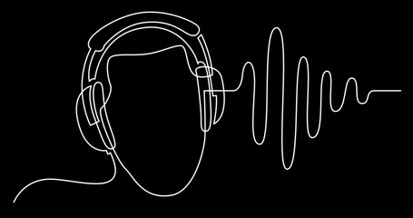 continuous line drawing vector illustration with FULLY EDITABLE STROKE of person listening music in headphones
