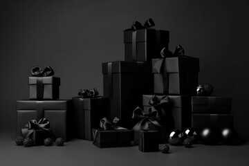 Black gift boxes on a black background.