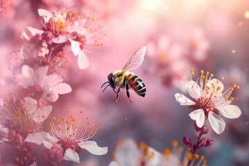 Image of bee flying over flower isolated on green background.